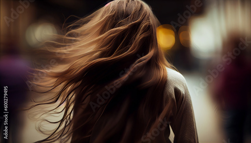 Closeup long hair girl back shot blured background Ai generated image