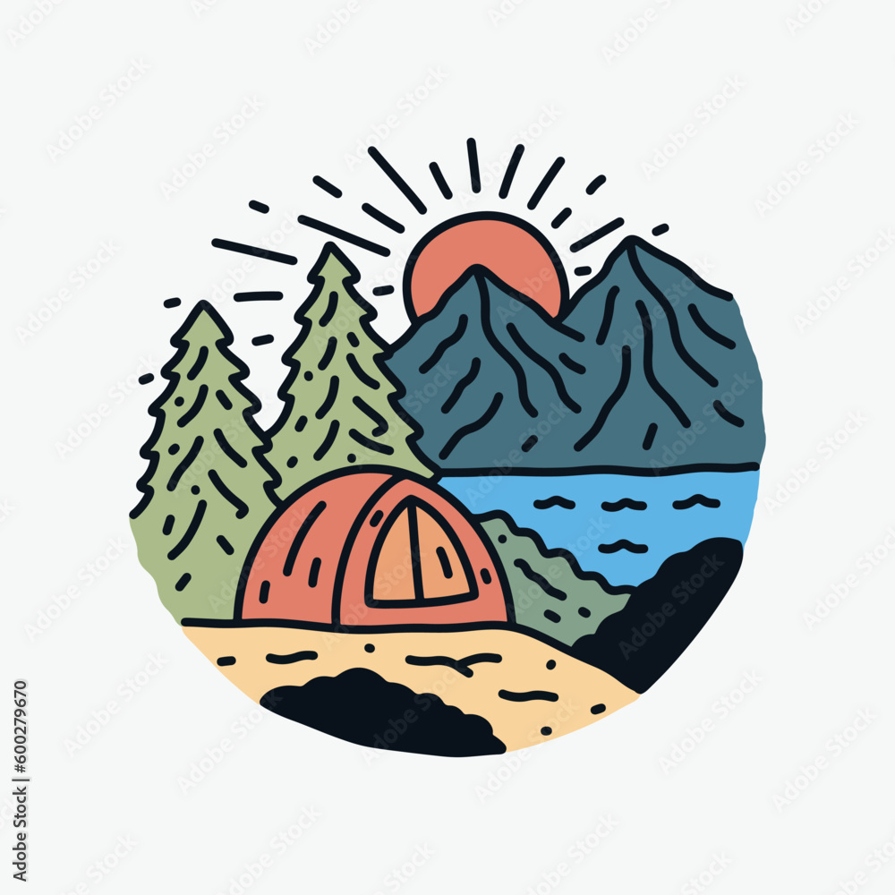 camping on the nature mono line design for badge, sticker, patch, t shirt design, etc camping on the nature mono line design for badge, sticker, patch, t shirt design, etc