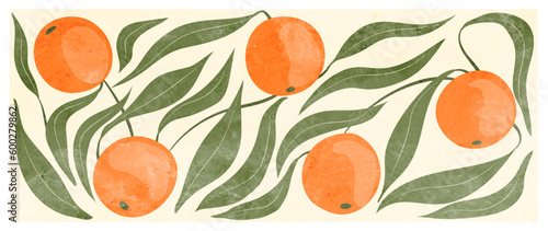Art background with citrus, orange or grapefruit fruits in orange color in a watercolor style. Botanical banner for decor, print, textile, wallpaper, interior design.