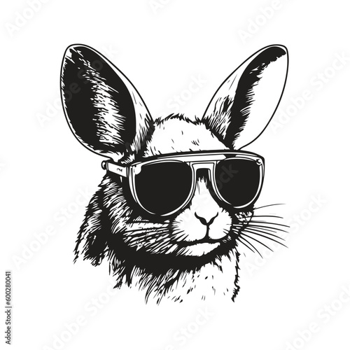 chinchilla wearing sunglasses, vintage logo line art concept black and white color, hand drawn illustration