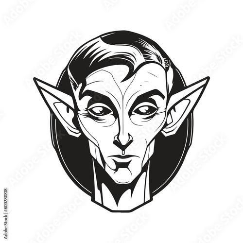elf sci fi, vintage logo line art concept black and white color, hand drawn illustration