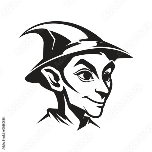 elf sci fi, vintage logo line art concept black and white color, hand drawn illustration