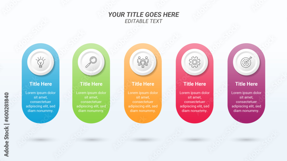 Flowchart Infographic with Editable Text, Five Steps, and Business Icons on a 16:9 Ratio Layout for Business Processes, Goals, Reports, and Website Design. Flowchart Infographic with Editable Text, Five Steps, and Business Icons on a 16:9 Ratio Layout for Business Processes, Goals, Reports, and Website Design.
