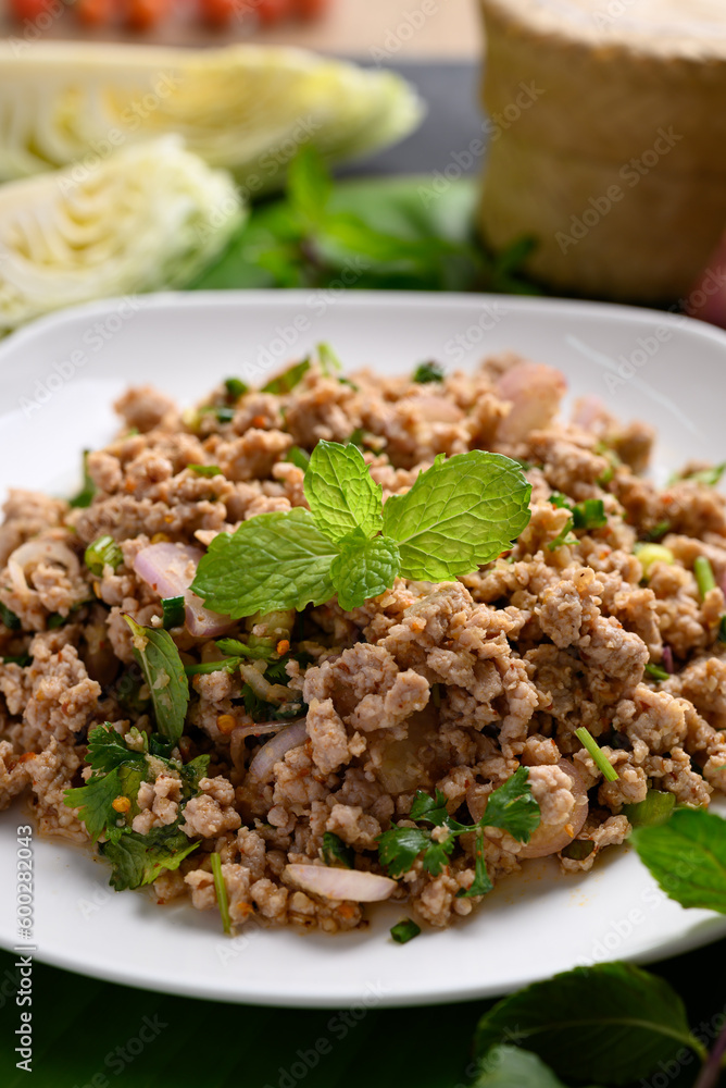 Local Thai food, Spicy minced pork salad (Larb Moo)