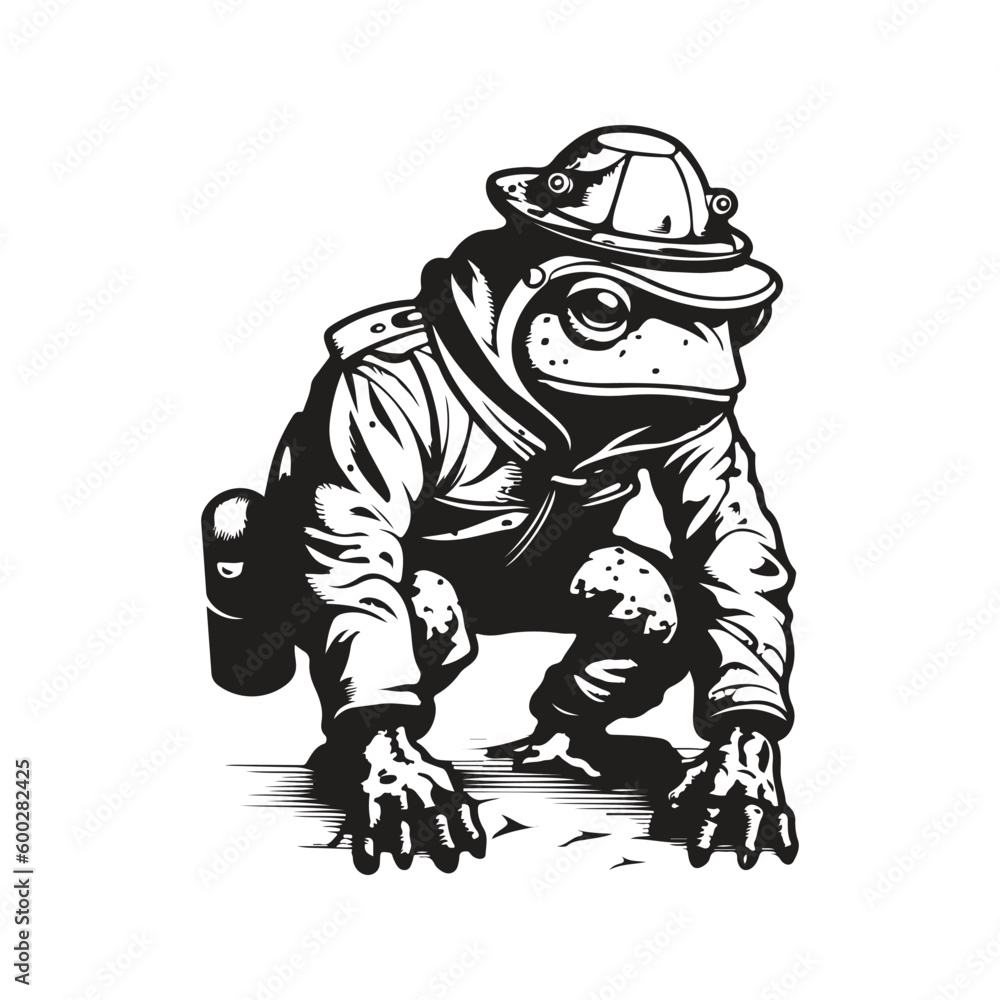 toad scavenger, vintage logo line art concept black and white color, hand drawn illustration
