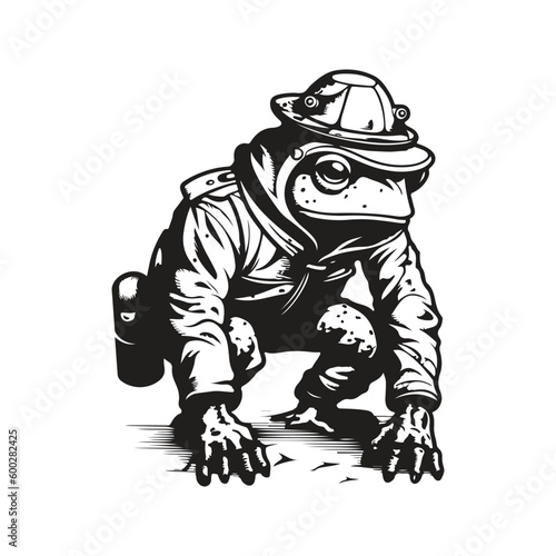 toad scavenger, vintage logo line art concept black and white color, hand drawn illustration