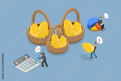 3D Isometric Flat Vector Conceptual Illustration of Investment Diversification, Eggs in Different Baskets