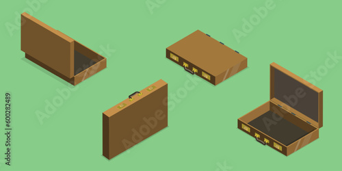 3D Isometric Flat Vector Set of Four Views of a Briefcase, Office Case