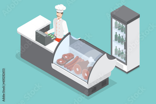 3D Isometric Flat Vector Conceptual Illustration of Butcher Shop, Meat Store Counter