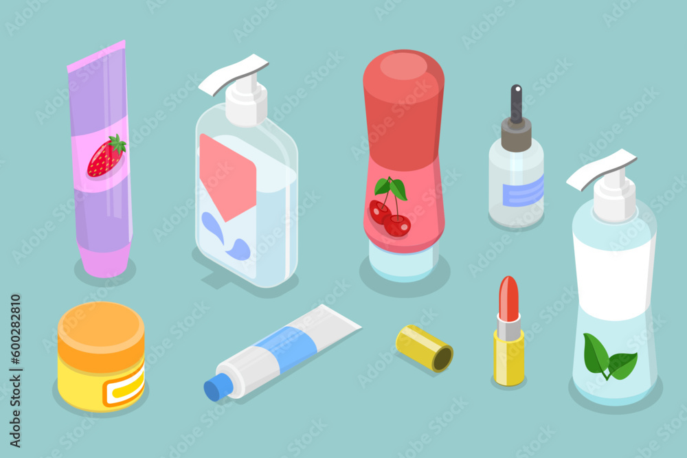 3D Isometric Flat Vector Set of Cosmetics, Beauty Care Products 3D Isometric Flat Vector Set of Cosmetics, Beauty Care Products