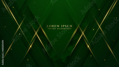 Green luxury background with triangle diamond elegant, slant golden lines and glittering light effects decoration element. Modern Abstract style vector design