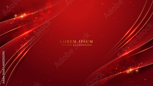 Golden lines with curve light, sparkle glowing effect and bokeh elements. Red luxury background style vector design
