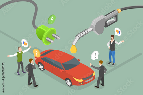 3D Isometric Flat Vector Conceptual Illustration of Diesel Vs Electric Car, Clean Power or Petrol