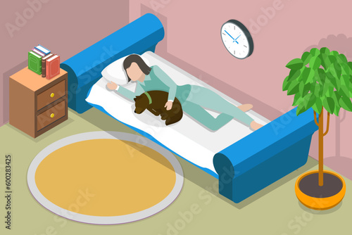 3D Isometric Flat Vector Conceptual Illustration of Bedding With Dog, Lady Resting with Her Pet