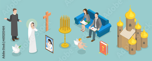3D Isometric Flat Vector Conceptual Illustration of Ortodox Christianity, Characters, Items and Buildings