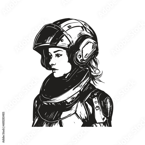 girl in futuristic armor with helmet, vintage logo line art concept black and white color, hand drawn illustration
