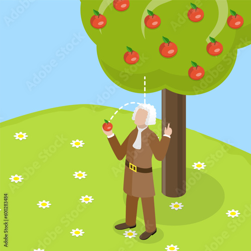 3D Isometric Flat Vector Conceptual Illustration of Isaac Newton, Gravity Law Discovery