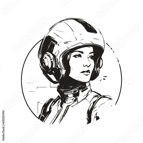 girl in futuristic armor with helmet, vintage logo line art concept black and white color, hand drawn illustration