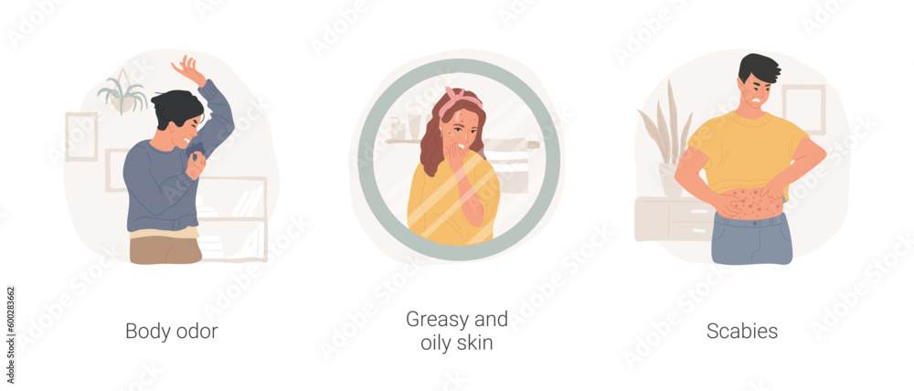 Lack of personal hygiene isolated cartoon vector illustration set. Body odor, teen wrinkles nose from a bad smell, greasy and oily skin, girl watch in the mirror, scabies problem vector cartoon. Lack of personal hygiene isolated cartoon vector illustration set. Body odor, teen wrinkles nose from a bad smell, greasy and oily skin, girl watch in the mirror, scabies problem vector cartoon.