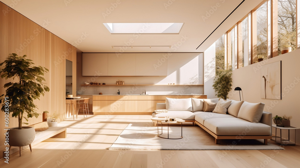 interior spacious living, luxurious interior design in a cozy penthouse, Generative AI