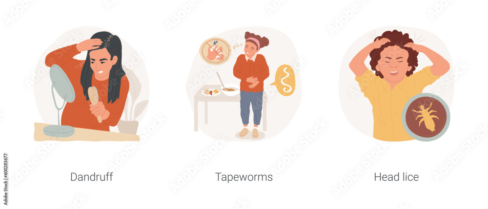 Lack of hygiene problems isolated cartoon vector illustration set. Teen having dandruff, look at white shoulders, child holds belly, intestinal infection, head lice, kid scratching vector cartoon. Lack of hygiene problems isolated cartoon vector illustration set. Teen having dandruff, look at white shoulders, child holds belly, intestinal infection, head lice, kid scratching vector cartoon.