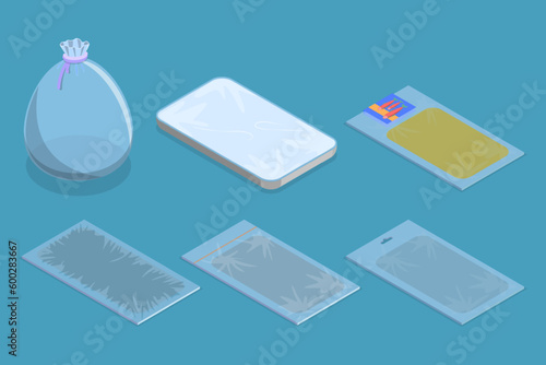 3D Isometric Flat Vector Set of Vacuum Bags, Transparent Packets to Carry and Keep Goods