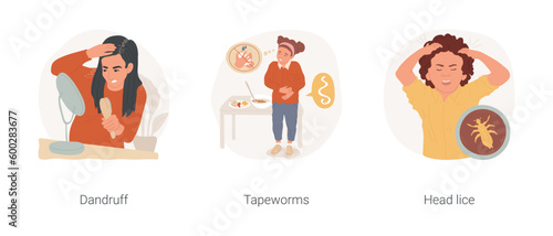 Lack of hygiene problems isolated cartoon vector illustration set. Teen having dandruff, look at white shoulders, child holds belly, intestinal infection, head lice, kid scratching vector cartoon.