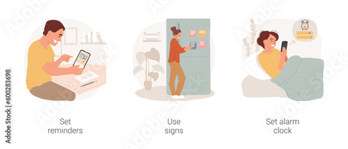 Practice good habits isolated cartoon vector illustration set. Set reminders, to-do list hanging at home, put reminder stickers on fridge, set alarm clock, create healthy routine vector cartoon.