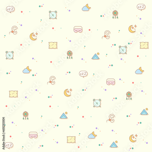 Vector illustration of a cute sleep. Collection of insomnia, bed, time, zzz, moon, cloud, alarm, clock, pillows and other elements. Isolated on beige.