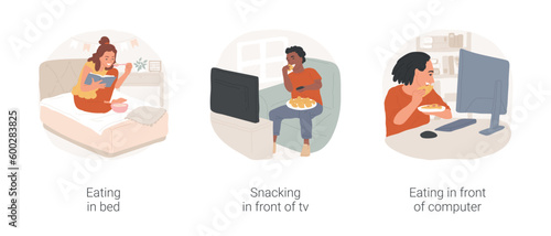 Eating habits of teens isolated cartoon vector illustration set. Eating in bed, snacking and watching tv, having meal in front of computer, teenage eating habits, junk food vector cartoon.