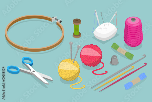 3D Isometric Flat Vector Set of Needlework, Sewing Accessories