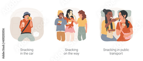 Snacking on the way isolated cartoon vector illustration set. Teenage boy eating burger in car, snacking on the go, have sandwich in the school bus, public transport, teen habit vector cartoon.