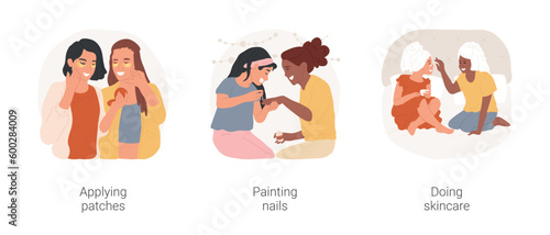 Girls beauty day isolated cartoon vector illustration set. Applying patches, girls friends meeting, painting nails together, doing skincare mask, beauty treatment, hang out at home vector cartoon.