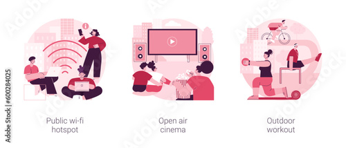 Outdoor and public facilities abstract concept vector illustration set. Public wi-fi hotspot, open air cinema, outdoor workout, city center Wi-Fi, street gym, movie theater, cycling abstract metaphor.