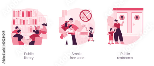 Public service abstract concept vector illustration set. Public library, smoke free zone, restroom facilities, no smoking area, place for children, cleaning and disinfection abstract metaphor.