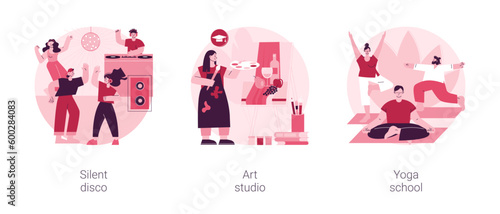 Entertainment and recreation abstract concept vector illustration set. Silent disco, art studio, yoga school, DJ set, headphones party, painting lesson, meditation practice abstract metaphor.