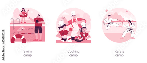 Summer programs for kids abstract concept vector illustration set. Swim, cooking and karate camp, young chief course, holiday activity, martial arts, open water training, education abstract metaphor.
