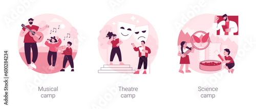 Summer vacation camps abstract concept vector illustration set. Musical, theatre and science camp, playing instrument, drama school, laboratory experiment, young talent, lessons abstract metaphor.