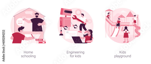 Kids development abstract concept vector illustration set. Home schooling, engineering for kids, outdoor playground, education plan, fun learning activities, play area, having fun abstract metaphor.