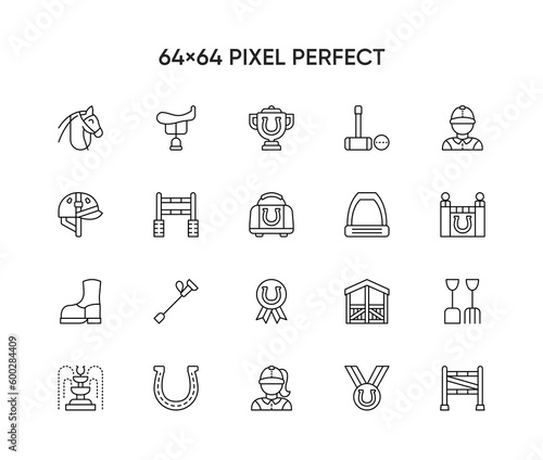Equestrian Animal Collection Icons Set Vector. Equestrian Horse And Polo Game, Rider Helmet And Shoe, Horseshoe And Barrier Concept Linear Pictograms. 
