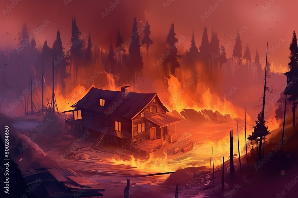 Illustration of An Devastating fires destroyed homes and forests
, Generative AI