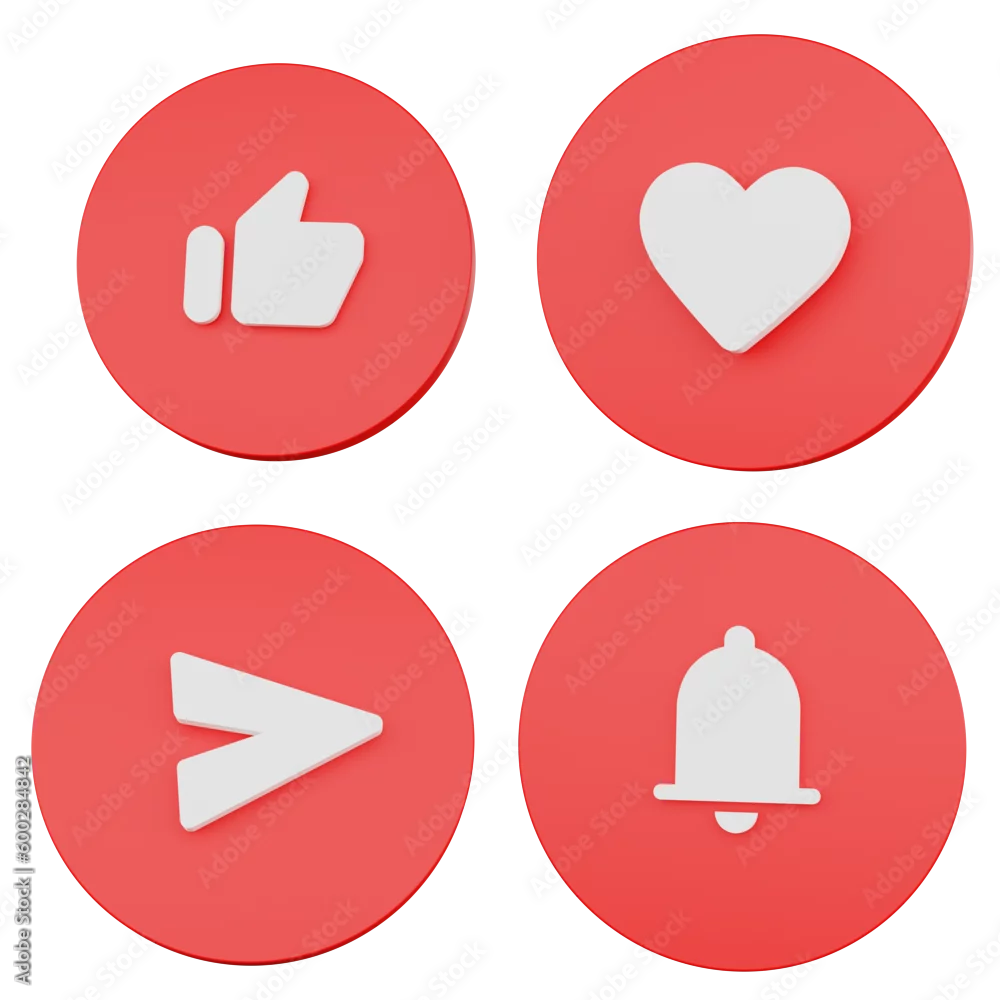 3d icon set like, love, notification and send white color with circle red illustration rendering
