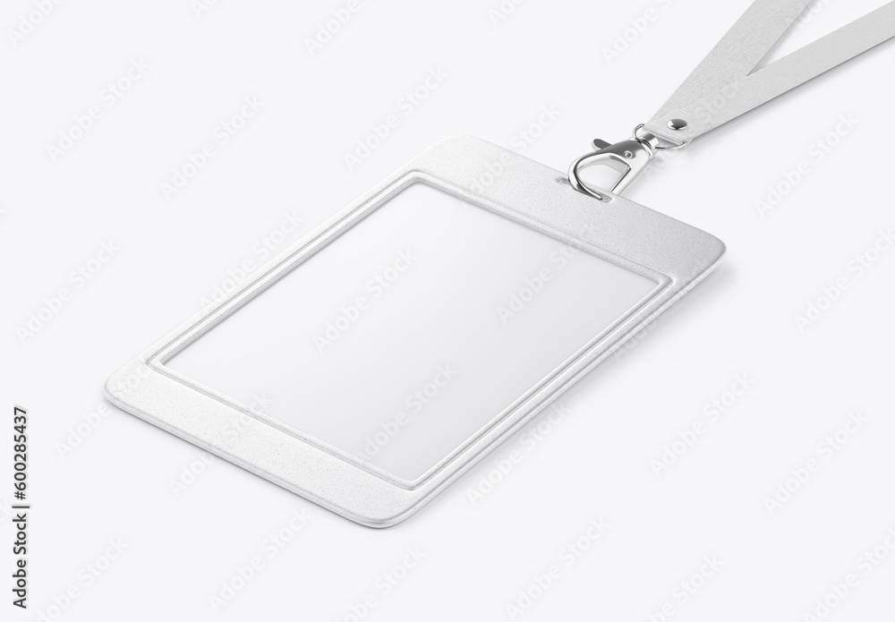 Blank bagde mockup isolated on white. Plain empty name tag mock up hanging on neck with string. Nametag with blue ribbon and transparent plastic paper holder. 3D illustration, 3D rendering. Blank bagde mockup isolated on white. Plain empty name tag mock up hanging on neck with string. Nametag with blue ribbon and transparent plastic paper holder. 3D illustration, 3D rendering.
