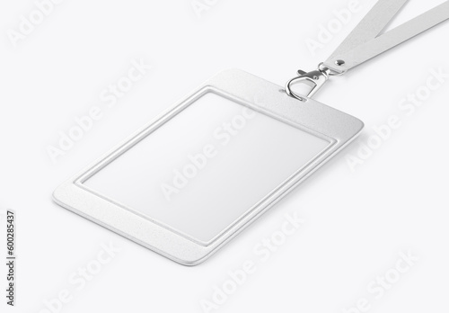 Blank bagde mockup isolated on white. Plain empty name tag mock up hanging on neck with string. Nametag with blue ribbon and transparent plastic paper holder. 3D illustration  3D rendering.