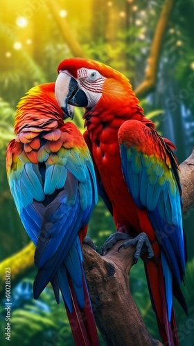 Couple of Vibrant and Colorful Macaws, Perched on Tropical Tree Branches. Generative ai