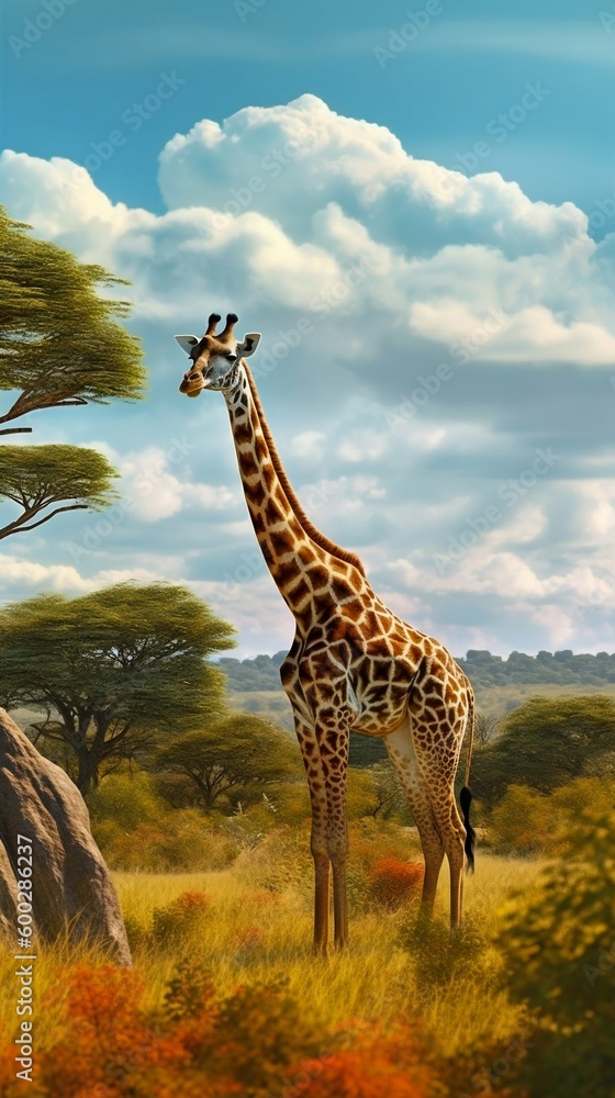 Fototapeta premium Giraffe Standing Tall in the African Savannah. Generative ai
