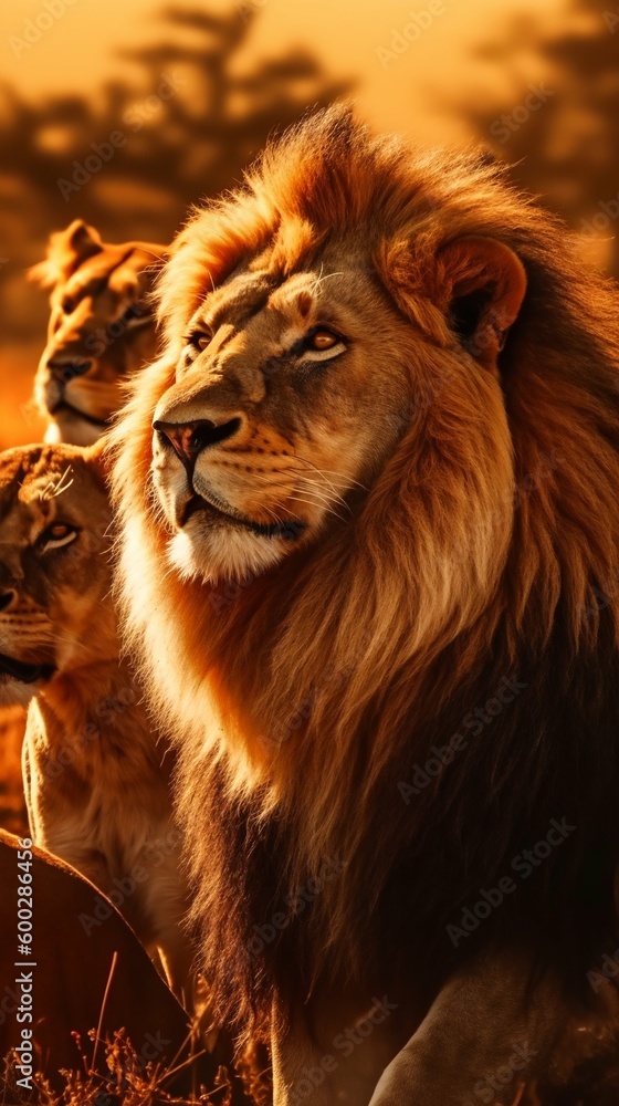 Pride of African Lions Resting Together in the Golden Light of a Sunset. Generative ai