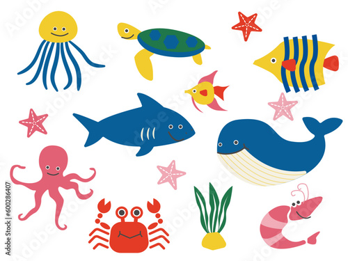 クジラやサメや魚などの海の生き物のイラストセット