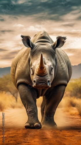 African Rhino Walking Proudly in its Natural Habitat. Generative ai