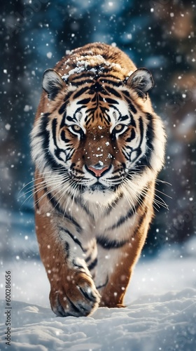 Siberian Tiger on Snowflakes Winter Background. Generative ai